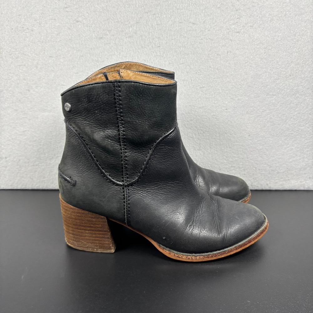 UGG Annie Black Full Grain Leather 1095061‎ Zip-Up Ankle Boots Womens Size 9 - Picture 2 of 11